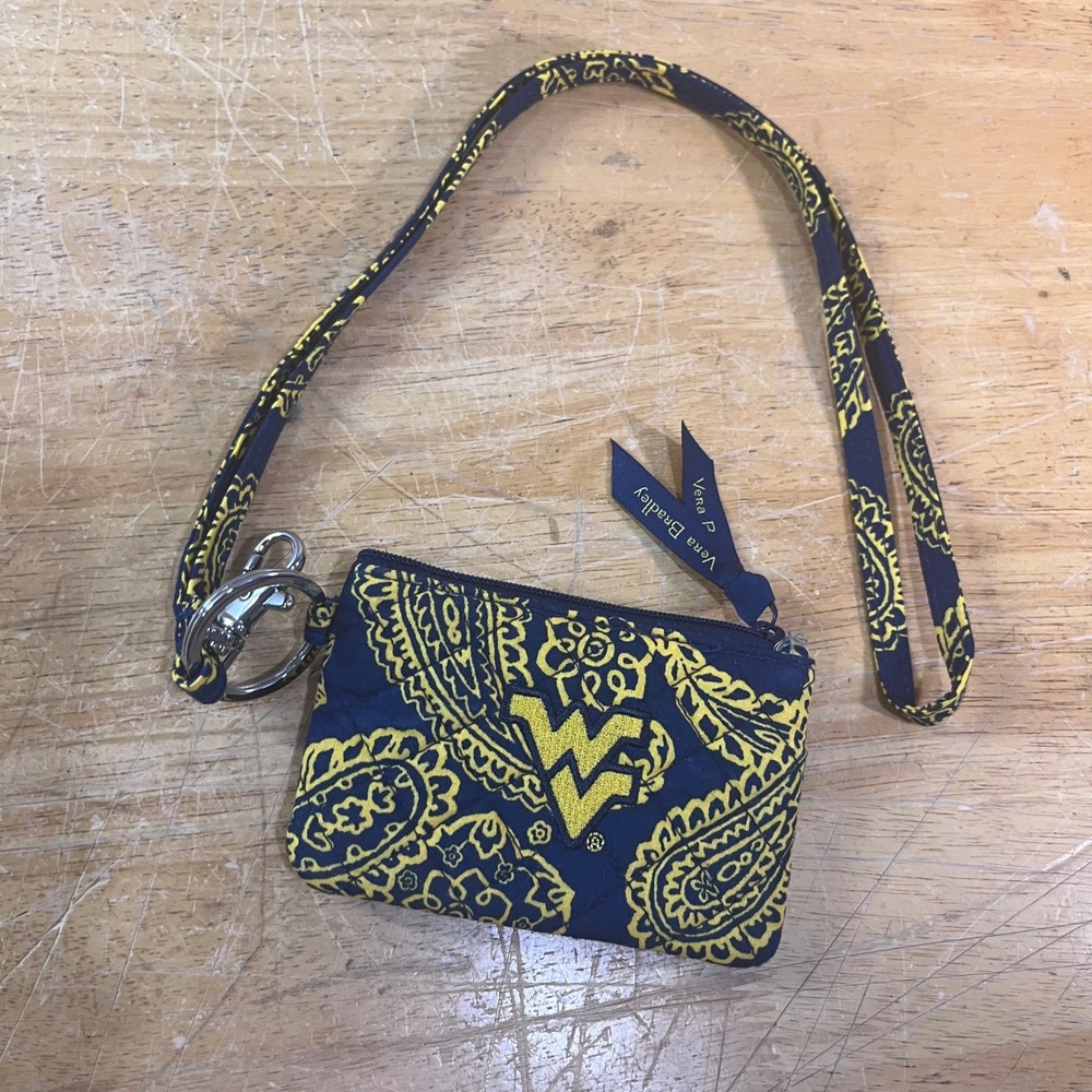 Vera Bradley WVU Mountaineers Zip ID Case Lanyard OS Navy Gold Excellent Paisley